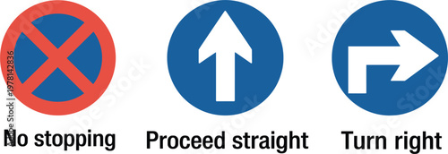 No stopping proceed straight and turn right mandatory road traffic sign set