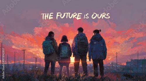 Cinematic sunset landscape with group of youth, the future is ours text overlay, young people with backpacks at dawn, inspirational hope concept