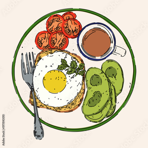 Avocado Toast with Fried Egg Tomato and Coffee Top View