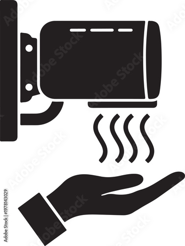 Hand dryer black icon on transparent background, automatic electric device drying hands with warm air, hygiene sanitation equipment