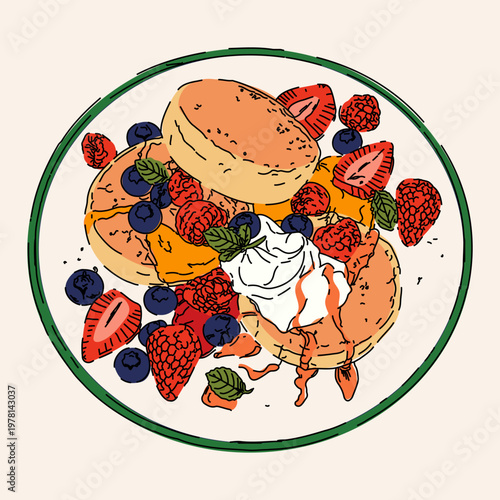 Sweet Pancake Stack with Strawberries Blueberries and Syrup