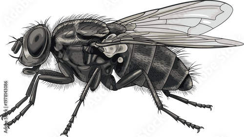 High-quality, scientifically accurate illustration of a common housefly (Musca domestica), showing anatomical details like compound eyes and wings, isolated on white.