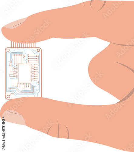 Human biomedical processor microchip implanted into hand vector on white background.