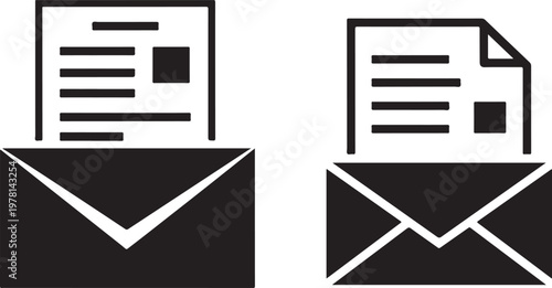 Newsletter subscription icons featuring paper documents in envelopes for business marketing and email updates black vector symbols isolated on transparent background