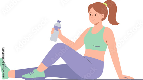 Woman sits on floor holding water bottle in gym outfit resting