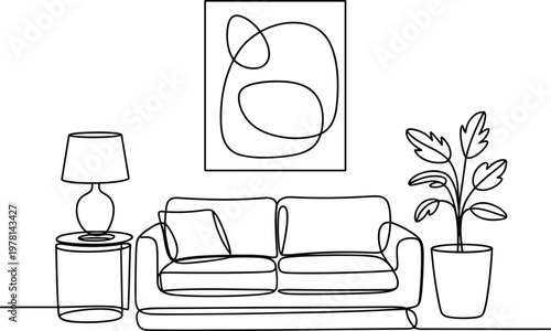 Continuous line of a living room with sofa, lamp, and plant
