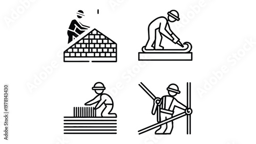 Construction Process Icons: Minimalist line art icons depict various stages of construction, showcasing the dedicated work of builders at different phases.