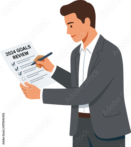 Man reviews 2024 goals with checklist and pen in office