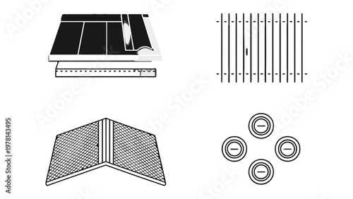 Illustrated Football Field Elements: Four distinct graphic elements come together, the components of a football field. The components represent a gridiron field, yard lines, goalposts, and game coins.