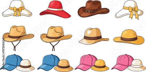 Stylish hat collection vector set featuring cowboy hats, straw hats, sun hats and baseball caps colorful headwear illustration