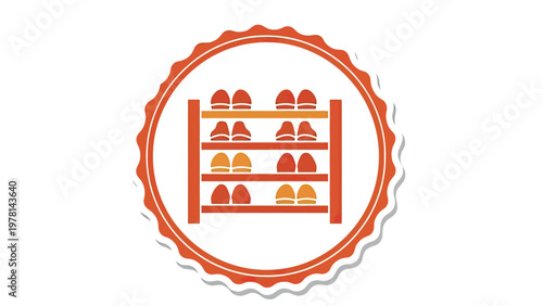Colorful shoes neatly arranged on a multi-tiered rack within a circular border