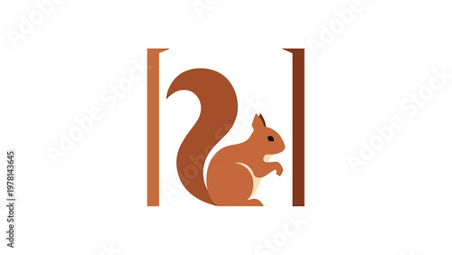 Stylized brown squirrel with large tail, framed by orange bars
