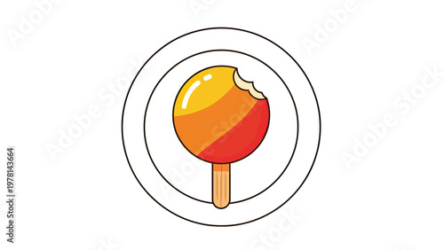 A bitten popsicle with yellow and orange segments sits on a white background