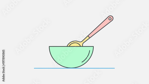 A mint green bowl with a yellow scoop and a pink handled spoon on a blue line
