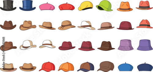 Hat collection vector set featuring cowboy hats, fedoras, bucket hats, berets and baseball caps colorful headwear illustration