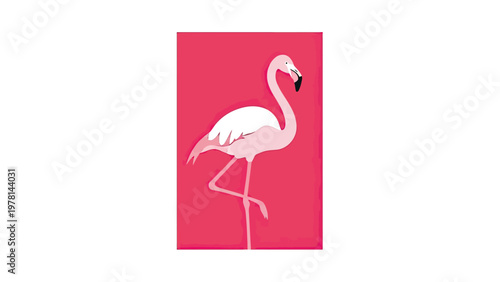 Stylized pink flamingo stands on one leg against a bright pink background