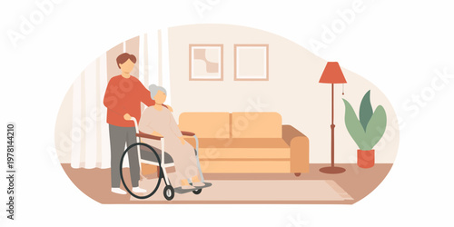 A young man assists an elderly woman in a wheelchair at home