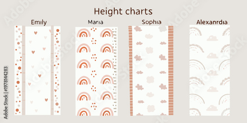 Colorful height charts for children featuring whimsical patterns and names