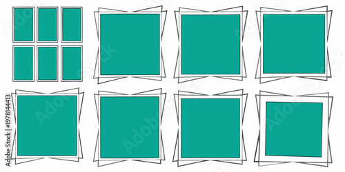 Arrangement of nine teal rectangles within slightly askew white frames