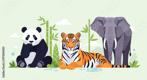 Panda tiger and elephant standing together.