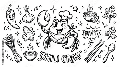 Vintage 1930s Retro Mascot Chili Crab Southeast Asian Seafood Illustration Set