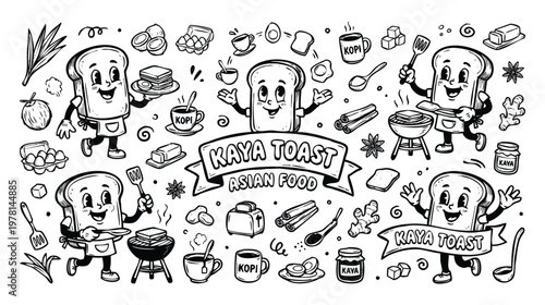 Vintage 1930s Retro Mascot Kaya Toast Southeast Asian Breakfast Illustration Set