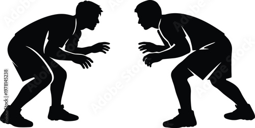 Black silhouette of two wrestlers facing off in combat stance ready for match isolated on white background sport competition concept illustration