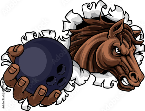 Horse mustang bronco stallion angry bowling sports team mascot holding a ball.