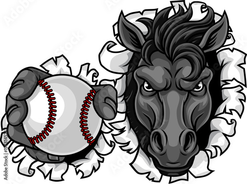 Horse mustang bronco stallion baseball softball angry sports team mascot holding a ball.
