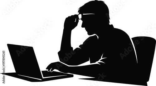Black silhouette of stressed businessman working on laptop holding head isolated on white background overwork problem deadline pressure and fatigue concept