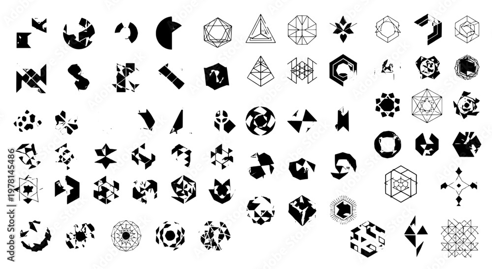 Obraz premium Geometric shapes set with black abstract icons and symbols featuring graphic resources, vector graphics, logo elements with graphic elements and