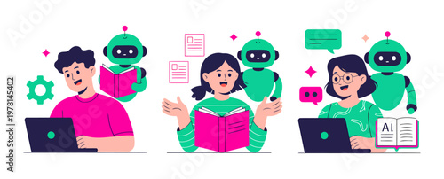 Children and robots engaged in learning and technology activities with artificial intelligence future technology children learning education collaboration computer robotics