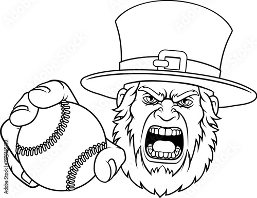 An angry Leprechaun Celtic Irish cartoon character holding baseball or softabll ball sports team mascot illustration.