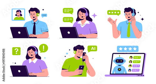 Customer service and support concepts with people and AI bot call center online support help desk artificial intelligence operator communication feedback assistance conversation technology