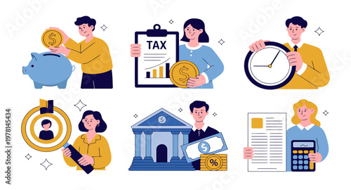 Financial planning savings tax concepts with piggy bank financial literacy building investment planning illustration business management currency withdrawal valuation strategy