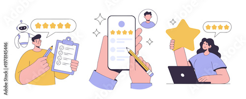 Customer feedback and online reviews collection with user experience opinion poll market research feedback customer satisfaction evaluation smartphone clipboard business performance