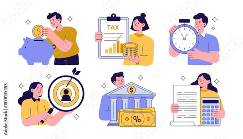 Financial planning savings tax concepts with piggy bank financial literacy building investment planning illustration business management currency withdrawal valuation strategy