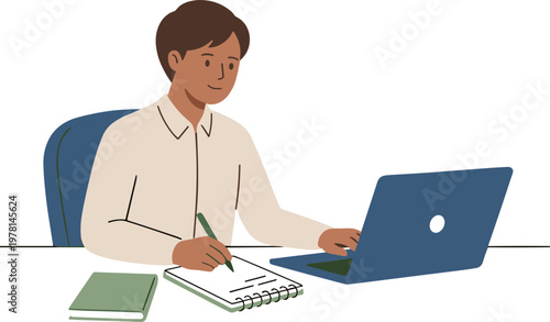 Man sitting at desk working on laptop and writing in notebook