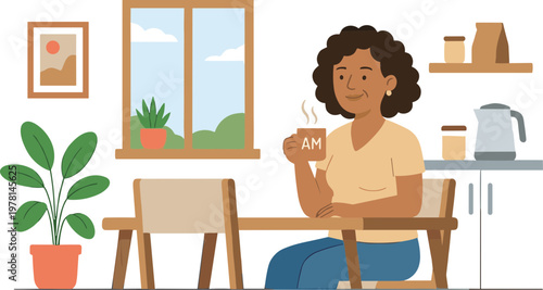 Woman sitting on chair in kitchen holding coffee cup by window with plants