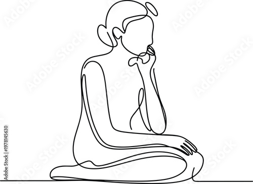Continuous line of a pensive woman sitting and thinking