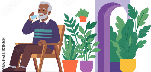 An elderly man sits on a chair with plants around him while drinking.