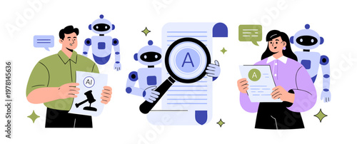 Examining document with magnifying glass and AI assistant examining document assistant illustration analysis research information inspection technology alphabet learning education