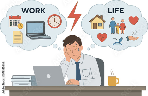 Man sitting at desk thinking about work and personal life balance