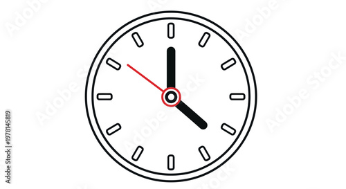 A simple analog clock with black hands and red second hand on showing time