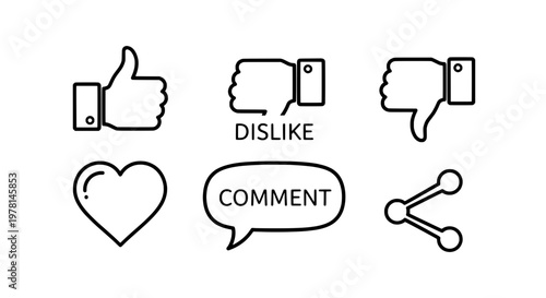 Social media icons set with like, dislike, comment, share, and heart symbols in simple line style featuring thumbs up, thumbs down, engagement signs