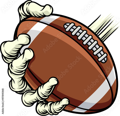 A grim reaper or death skeleton sports team or Halloween event mascot hand holding an American football ball