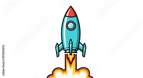 A cartoon teal rocket ship with red tip and orange flames blasting off into the sky