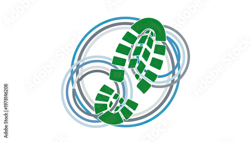 A green shoe sole imprint is centered over overlapping blue, grey, and white circles