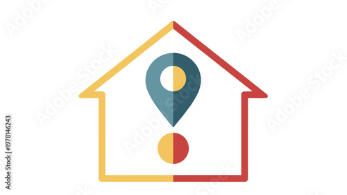 A stylized house outline encloses a location pin icon with a dot