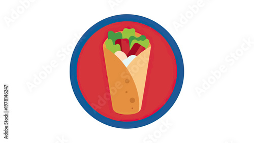 A cartoon image of a rolled food item, filled with various ingredients, inside a circular frame